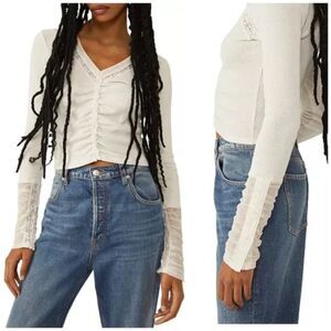 Free People Wear Me Out Thermal Top Mesh Lace cuff Sleeve XS